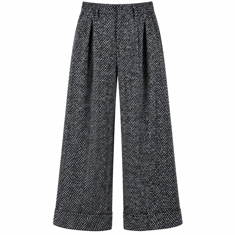 Zara Womens Wide Leg Pants Size S Black White Herringbone Cuffed Trousers